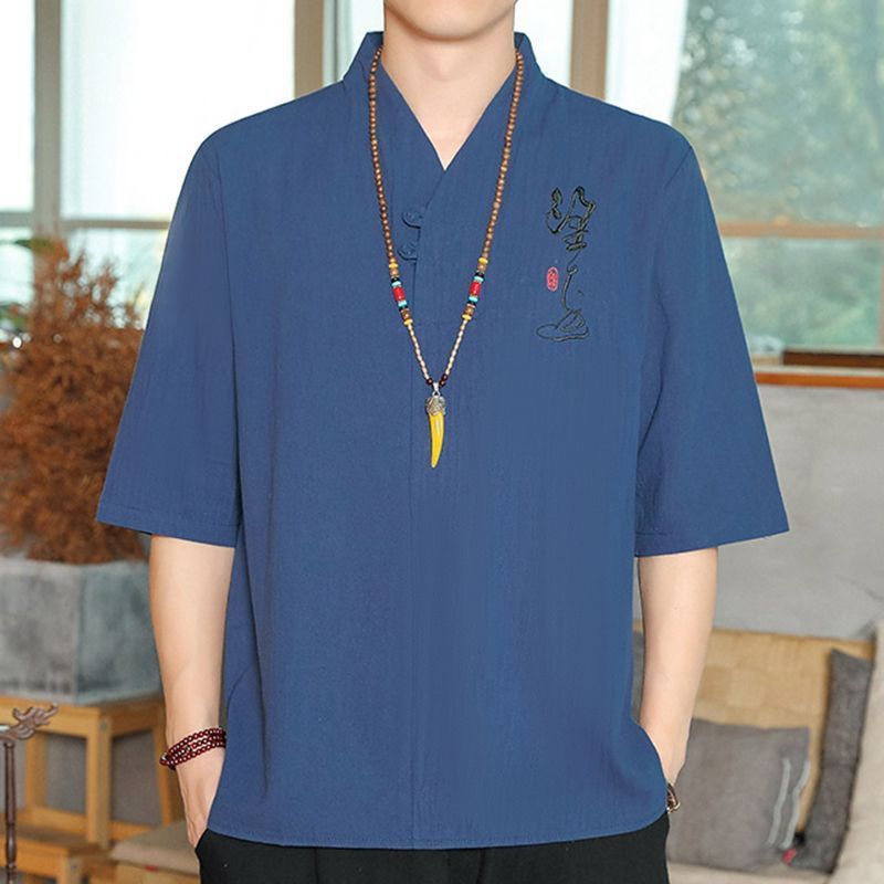 Cotton Linen T-shirt Men's Chinese Style Seven-point Sleeve Men's Buckle Five-point Sleeve Top plus size V-Neck Thin Summer Loose - Image 4