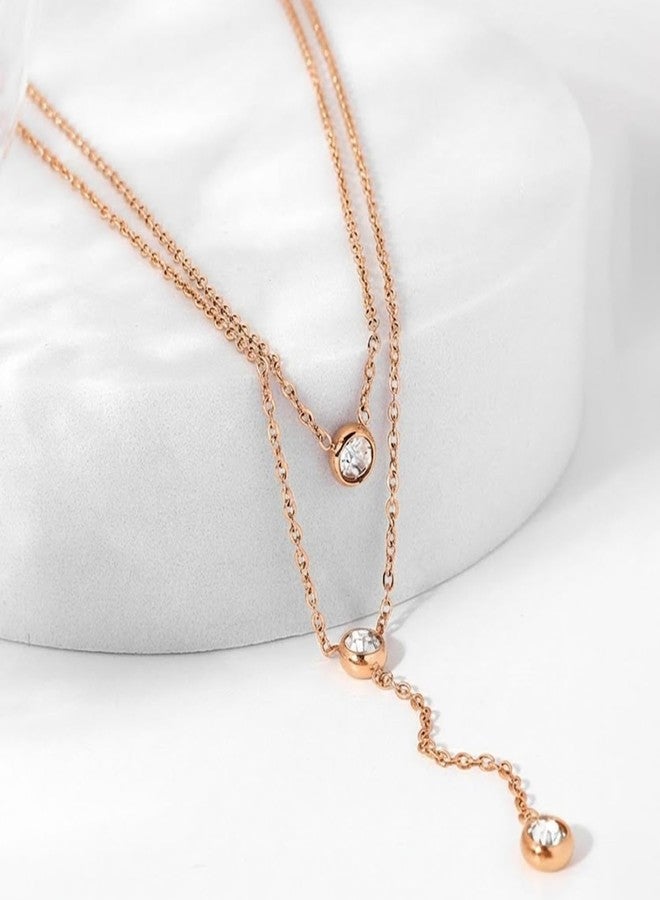 Peora Crystal Studded Rose Gold Plated Fancy Two Layer Chain Necklace Jewellery for Women & Girls - Image 5