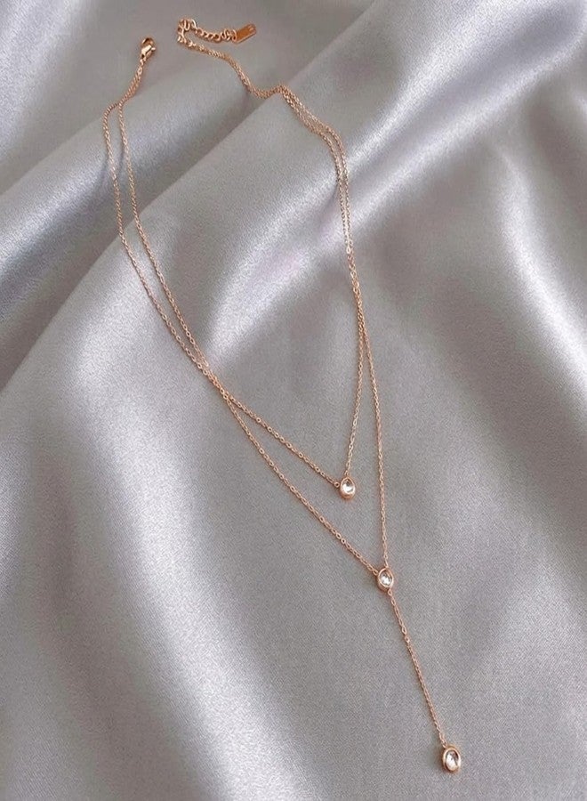 Peora Crystal Studded Rose Gold Plated Fancy Two Layer Chain Necklace Jewellery for Women & Girls - Image 3