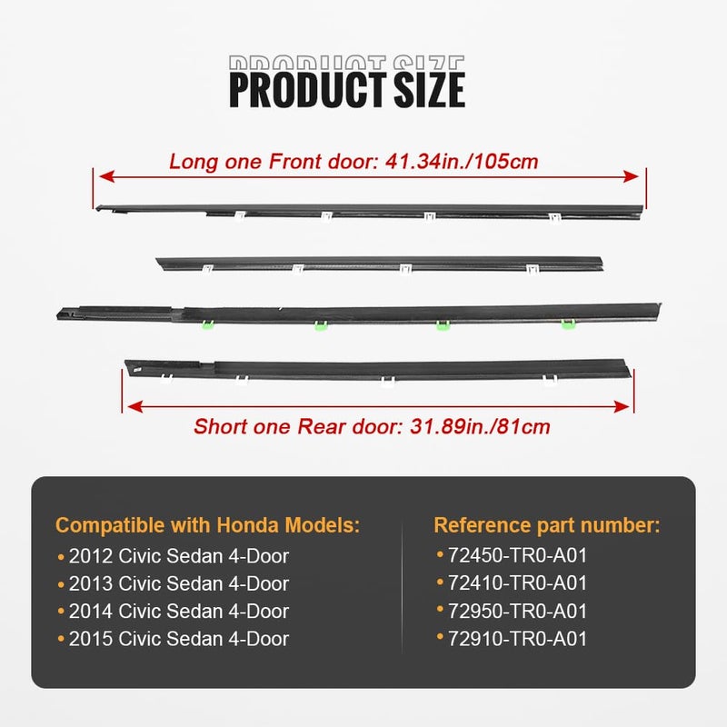 GZYF 4PCS Weatherstrip,Window Weather Stripping Moulding Trim Seal Belt for Honda Civic 2012 2013 2014 2015, Door Outside Trim Seal Belt, Replace#72450-TR0-A01 72410-TR0-A01 72950-TR0-A01,Black - Image 2