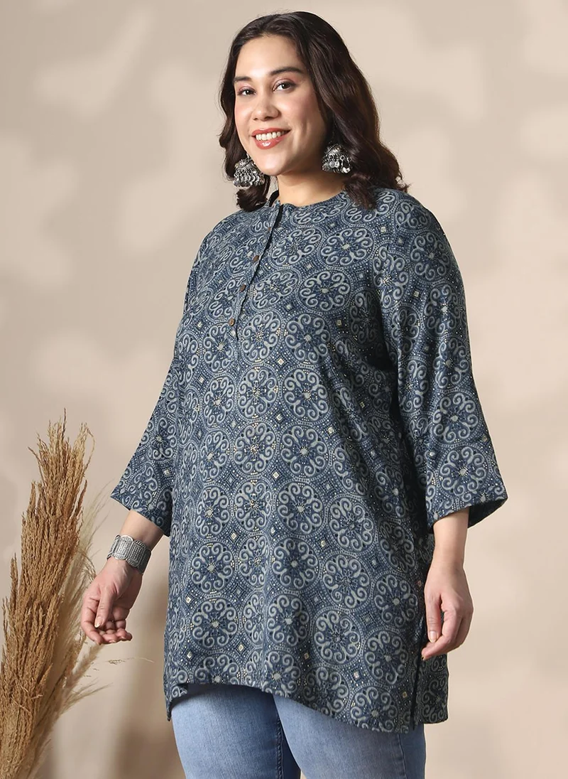 globus Globus Gloplus Women Blue Mandarin Collar Ethnic Print Button Detail Plus Size Tunic