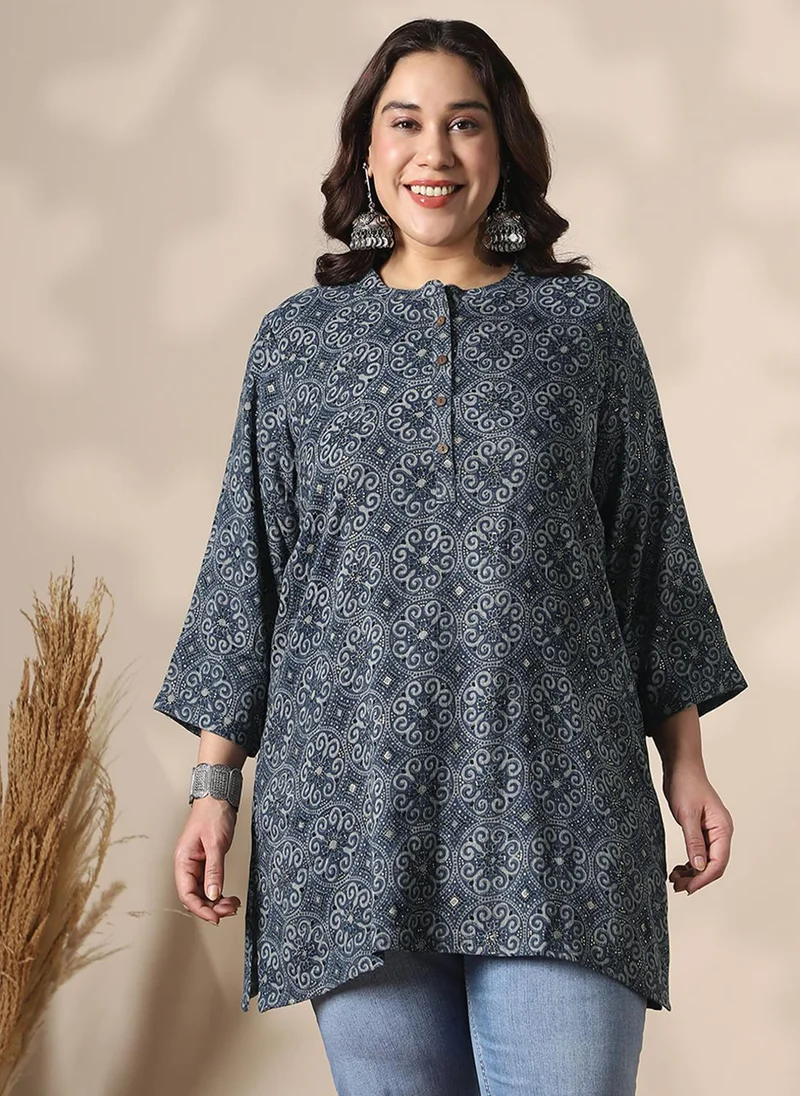 globus Globus Gloplus Women Blue Mandarin Collar Ethnic Print Button Detail Plus Size Tunic