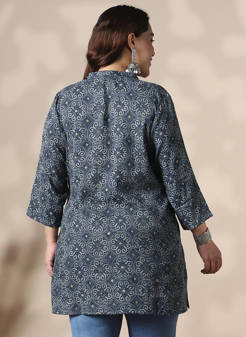 Globus Gloplus Women Blue Mandarin Collar Ethnic Print Button Detail Plus Size Tunic - Image 4