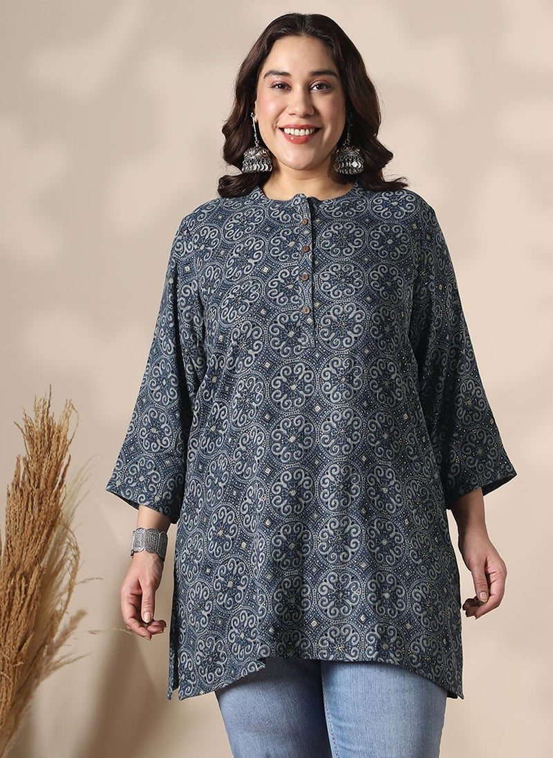 Globus Gloplus Women Blue Mandarin Collar Ethnic Print Button Detail Plus Size Tunic - Image 1