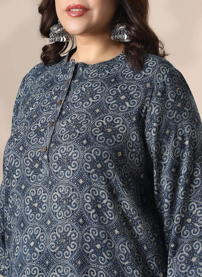 Globus Gloplus Women Blue Mandarin Collar Ethnic Print Button Detail Plus Size Tunic - Image 5