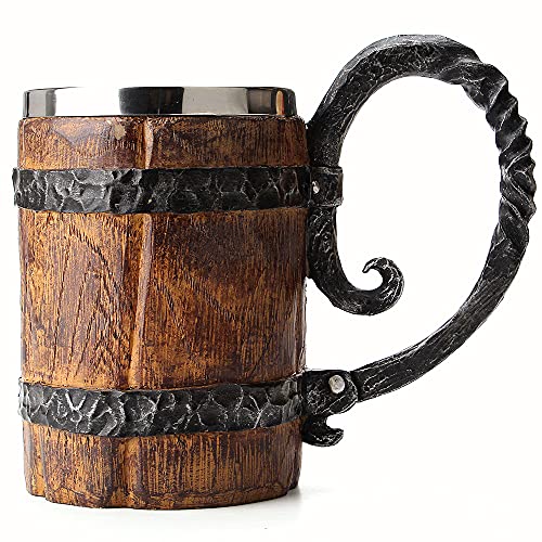 OTARTU Vintage Faux Oak Wood Barrel Beer Mug, Medieval Retro Viking Stainless Steel Coffee Cup Stein Tankard,17oz/500ML Cup Mug,Unique Gift - Image 2