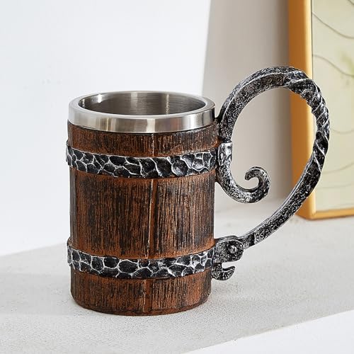 OTARTU Vintage Faux Oak Wood Barrel Beer Mug, Medieval Retro Viking Stainless Steel Coffee Cup Stein Tankard,17oz/500ML Cup Mug,Unique Gift - Image 4