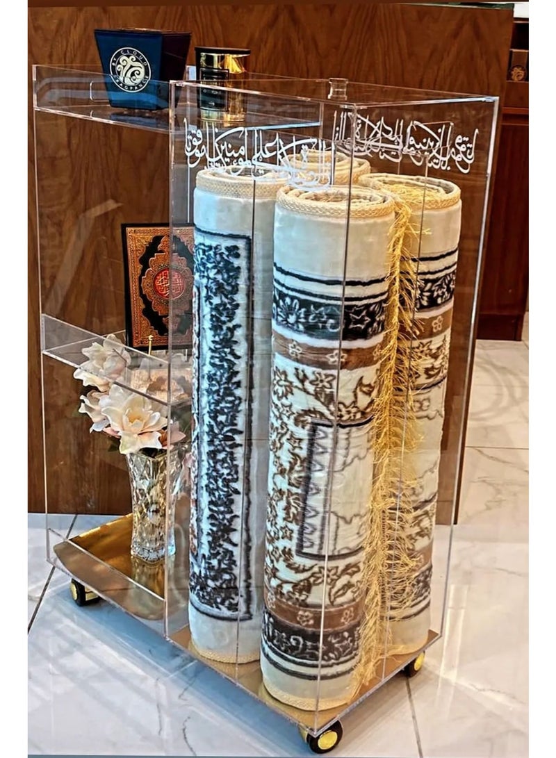 منظم متعدد الاستخدامات لسجادات الصلاة من الأكريليك الشفاف رباعي الجوانب بصواني - طاولة عرض متحركة للزينة والقرآن الكريم وللسجاد - هدية مثالية للمسلمين