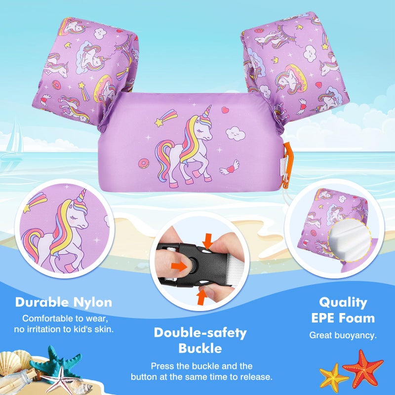 MoKo Swim Arm Band for Kids 20-30-40-50lbs, Clearance Toddler Swim Vest Cute Cartoon Swimming Wings Pool Floats Sleeve Children Water Sports Learning Swim Training Equipment, Purple & Unicorn - Image 3