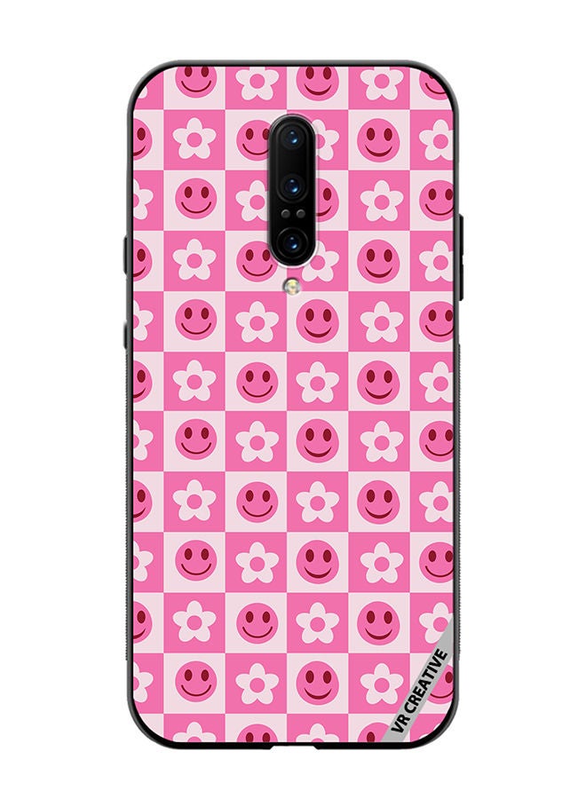 VR CREATIVE Protective Case Cover For OnePlus 7 Pro Checkered Hot Pink Retro Flowers And Happy Faces Seamless Pattern Design Multicolour - Image 1