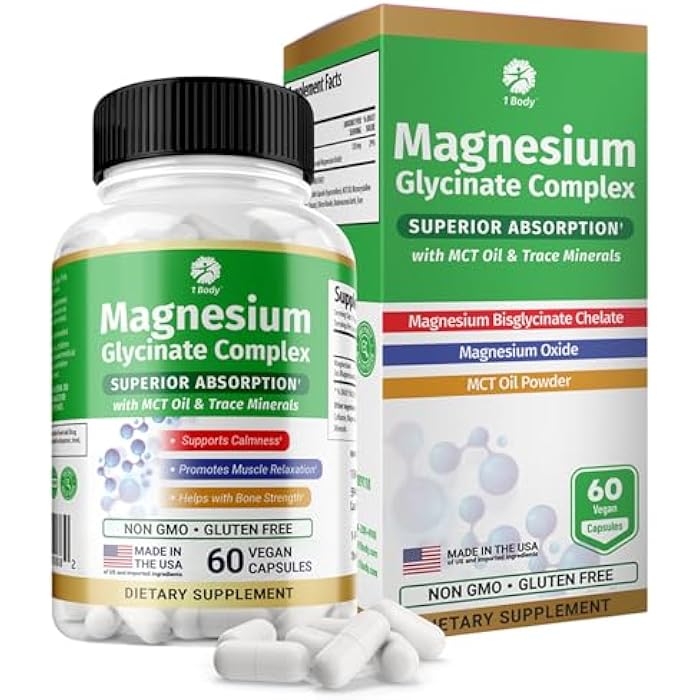 1 Body Magnesium Glycinate Complex, High Absorption Magnesium Supplement for Calm, Muscle Relaxation & Bone Health Support, Vegan with MCT Oil & Trace Minerals, Non-GMO, 60 Capsules - Image 1