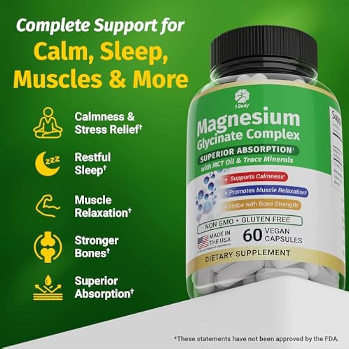 1 Body Magnesium Glycinate Complex, High Absorption Magnesium Supplement for Calm, Muscle Relaxation & Bone Health Support, Vegan with MCT Oil & Trace Minerals, Non-GMO, 60 Capsules - Image 4