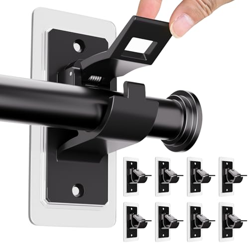 8PCS No Drill Curtain Rod Bracket Self Adhesive Curtain Rod Holders No Hole Multipurpose Nail Free Curtain Rod Hooks for Bathroom Living Room Kitchen and Bedroom Black