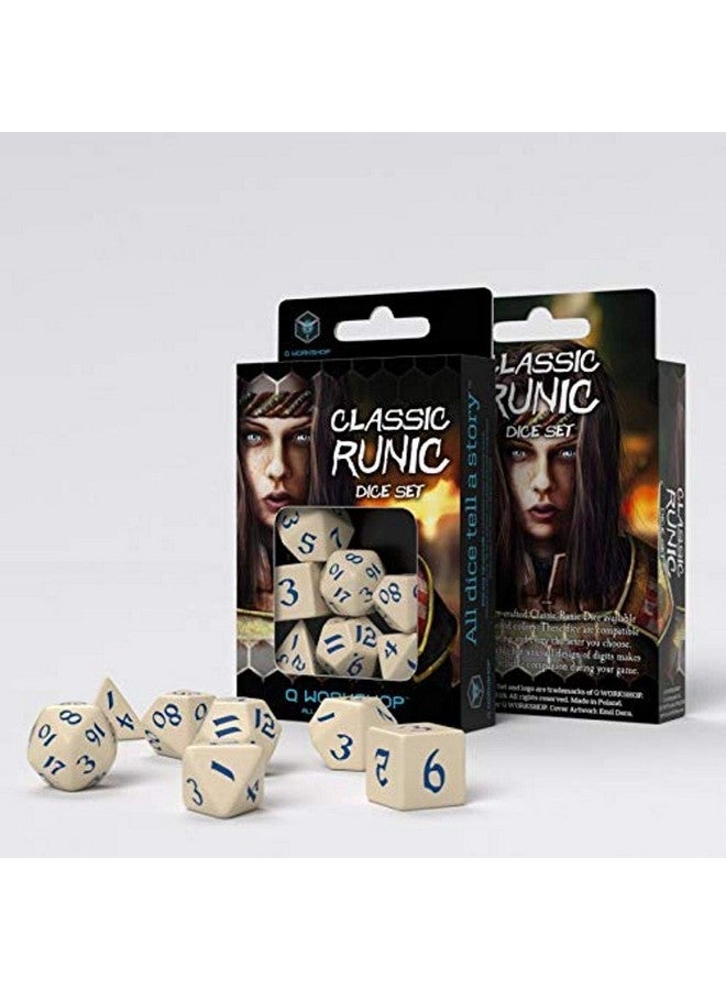 Q WORKSHOP Q-Workshop Classic Runic Beige & Blue Dice Set (7) - Image 1