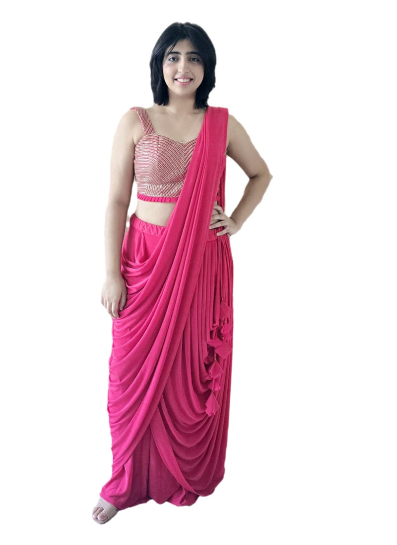 Grab Mantra Ready To Wear Dark Pink Lycra Silk Sari With Tassels Plus Stitched Blouse Medium Size  - Image 2
