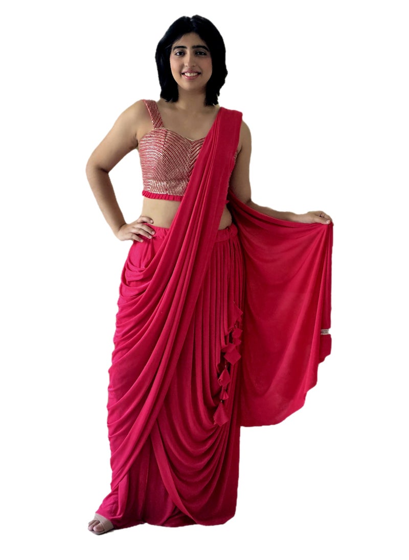 Grab Mantra Ready To Wear Dark Pink Lycra Silk Sari With Tassels Plus Stitched Blouse Medium Size  - Image 3