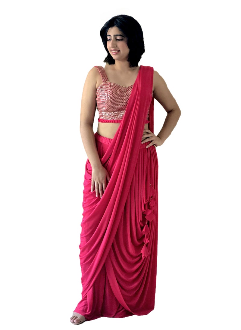 Grab Mantra Ready To Wear Dark Pink Lycra Silk Sari With Tassels Plus Stitched Blouse Medium Size  - Image 4