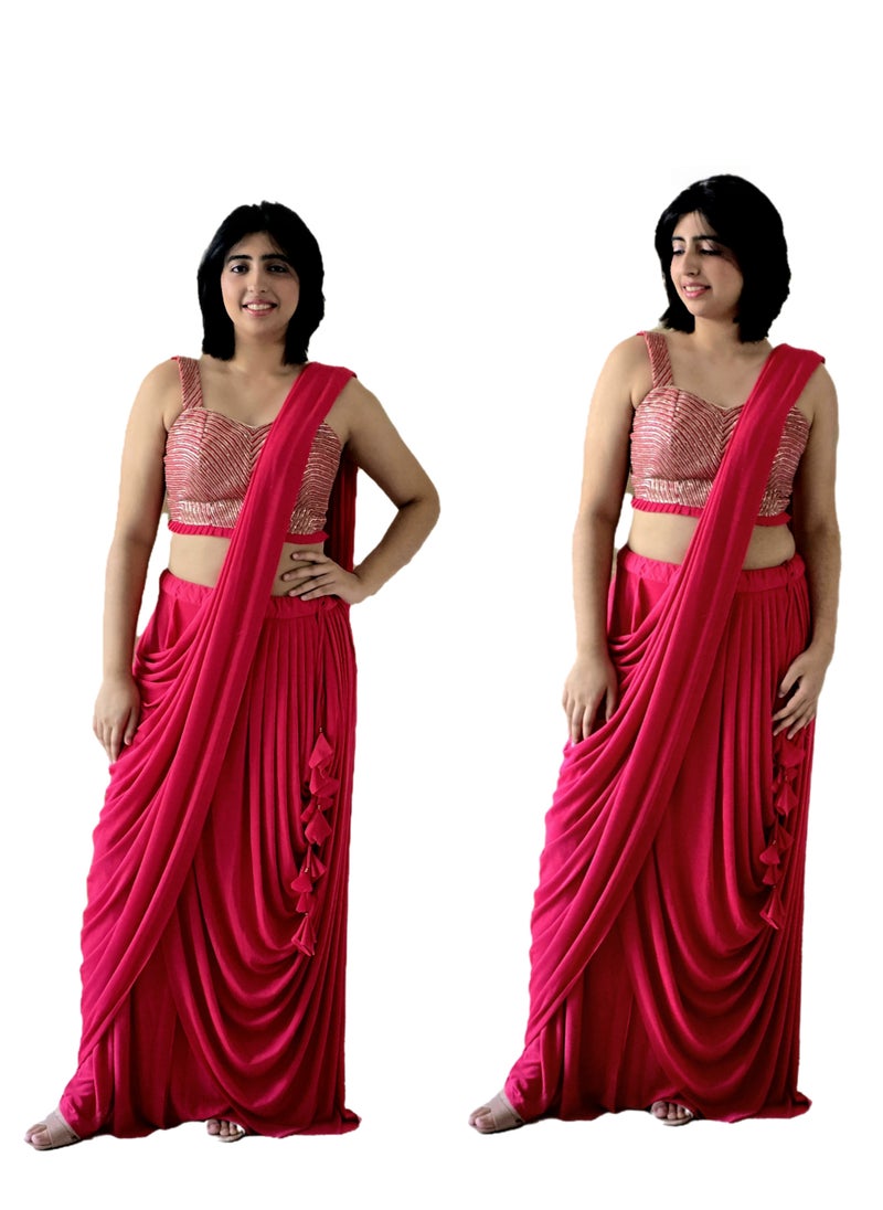 Grab Mantra Ready To Wear Dark Pink Lycra Silk Sari With Tassels Plus Stitched Blouse Medium Size  - Image 1