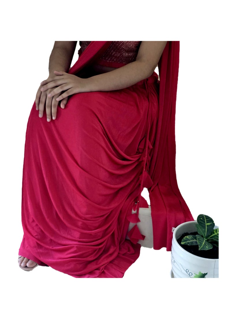 Grab Mantra Ready To Wear Dark Pink Lycra Silk Sari With Tassels Plus Stitched Blouse Medium Size  - Image 5