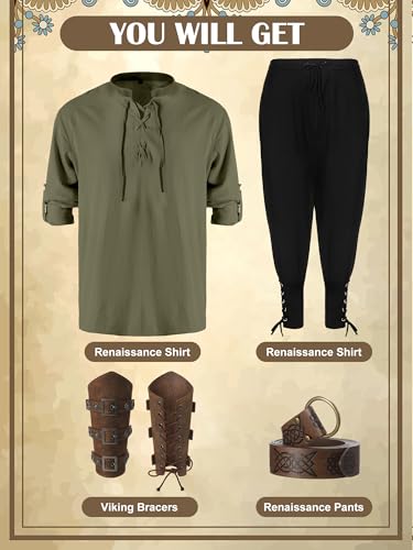 Jiuguva 4 Pcs Halloween Men's Renaissance Costume Set Medieval Pirate Shirt Ankle Banded Pants Viking Belt Accessories (Vivid Color,Medium) - Image 5