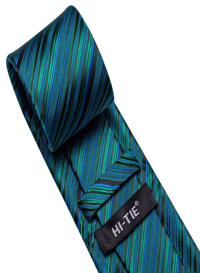 مرحبا التعادل طقم ربطات عنق رجالية من هاي تاي، مصنوع من الحرير المخطط بنقشة بيزلي، مع منديل جيب وأزرار أكمام، مناسب لحفلات الزفاف والاجتماعات، باللونين الأزرق والأخضر المخططين. - Image 4