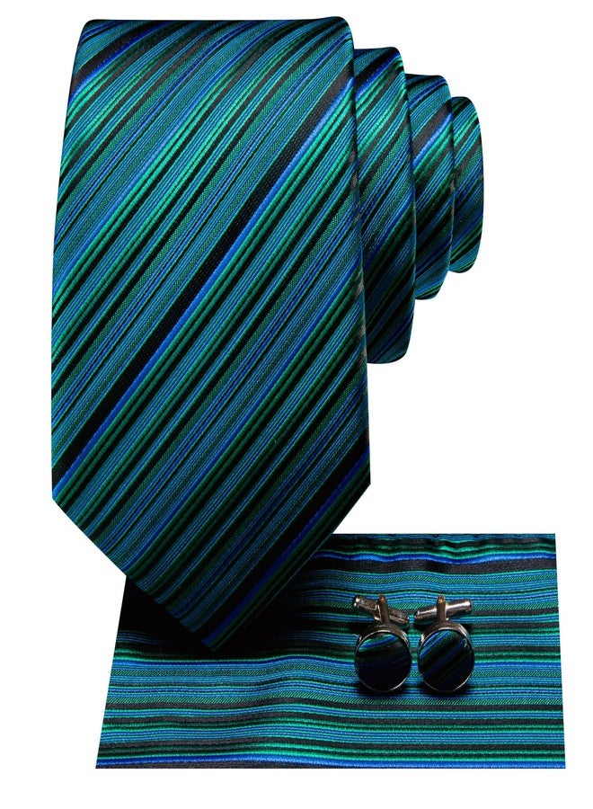 مرحبا التعادل طقم ربطات عنق رجالية من هاي تاي، مصنوع من الحرير المخطط بنقشة بيزلي، مع منديل جيب وأزرار أكمام، مناسب لحفلات الزفاف والاجتماعات، باللونين الأزرق والأخضر المخططين. - Image 2