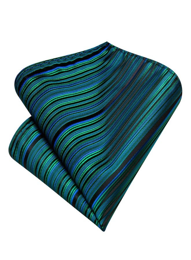 مرحبا التعادل طقم ربطات عنق رجالية من هاي تاي، مصنوع من الحرير المخطط بنقشة بيزلي، مع منديل جيب وأزرار أكمام، مناسب لحفلات الزفاف والاجتماعات، باللونين الأزرق والأخضر المخططين. - Image 5