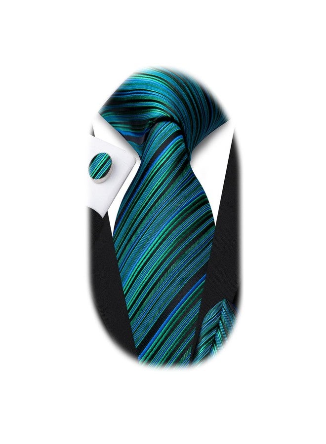 مرحبا التعادل طقم ربطات عنق رجالية من هاي تاي، مصنوع من الحرير المخطط بنقشة بيزلي، مع منديل جيب وأزرار أكمام، مناسب لحفلات الزفاف والاجتماعات، باللونين الأزرق والأخضر المخططين. - Image 1