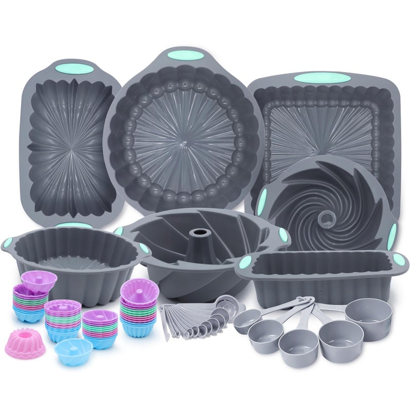 Tongjude 72 Pieces Silicone Bakeware Set, Nonstick Baking Pans Set, Easy Release Oven Silicone Pan for Kitchen with Cake Pans, Loaf Pans, Baking Cups, Measuring Cups and Spoons Set, Grey - Image 1