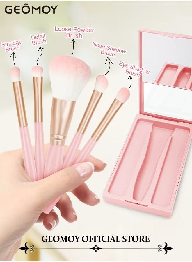 Geomoy Travel Size 5pcs Makeup Brushes Set Easy-Taken Mini Makeup Brush Set with Case & Mirror Small Complete Function Cosmetic Brushes Kit With 6pcs Triangle Powder Puff - Image 5