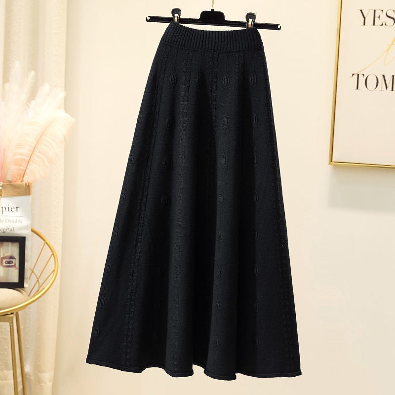 Mid-length Knitted Skirt Womens Spring and Autumn Matching Sweater High Waist A- shaped Umbrella Skirt Winter Skirt Wool Large Swing Long Skirt 1 Black [counter quality]
