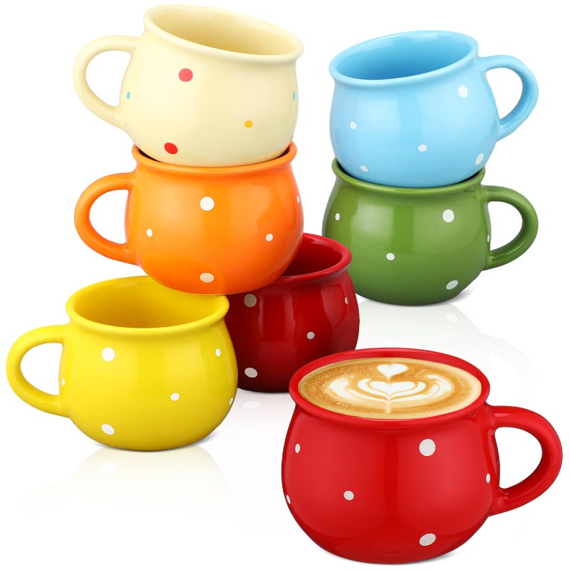 Sliner 6 Pcs Polka Dot Creative Coffee Mugs 10 oz Hot Chocolate Mugs Flat Bottom Coffee Cups with Handle Ceramic Porcelain Dinnerware for Kids Birthday Gift Assorted Color