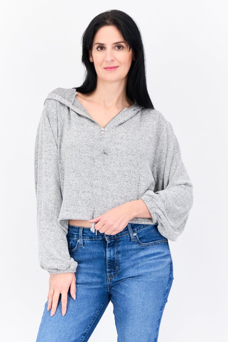 BRAVE SOUL Women Hooded Long Sleeve Heather Crop Sweatshirt, Grey - Image 1