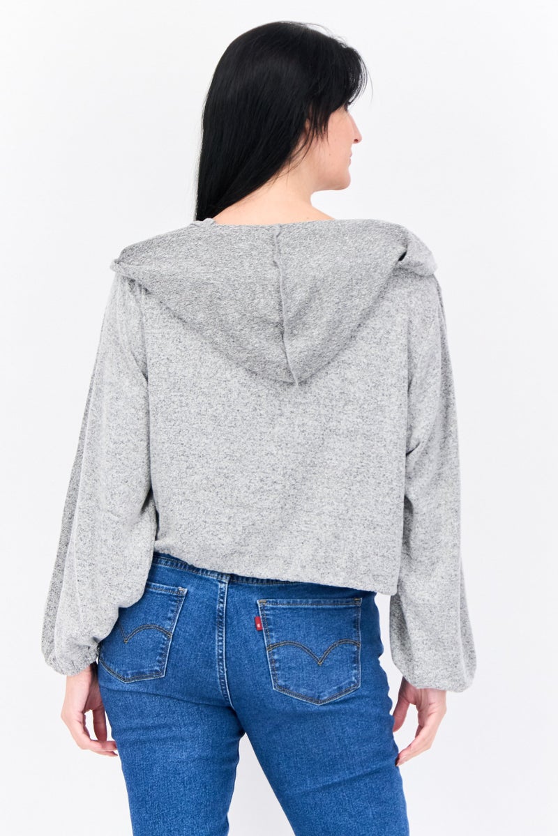 BRAVE SOUL Women Hooded Long Sleeve Heather Crop Sweatshirt, Grey - Image 3