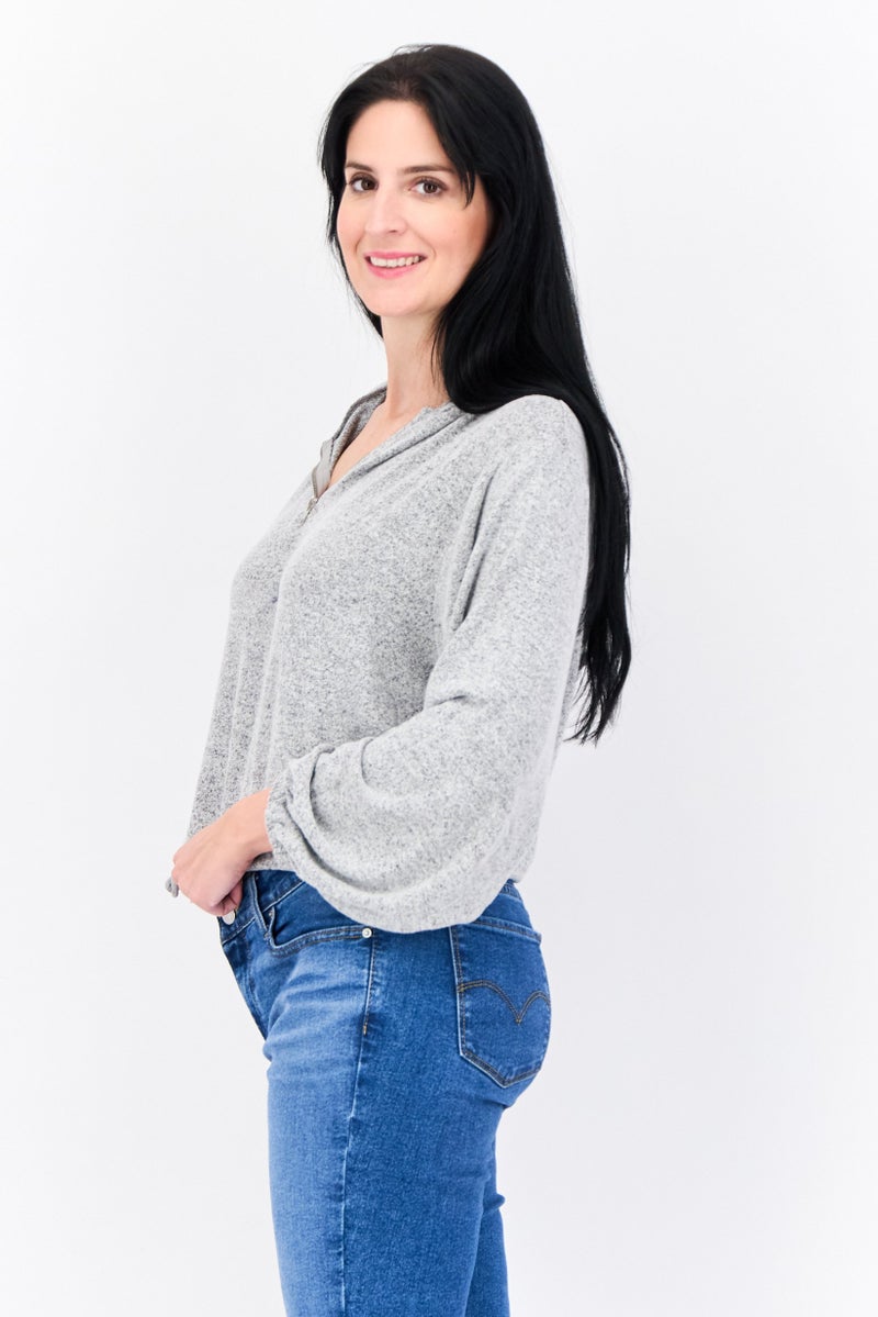 BRAVE SOUL Women Hooded Long Sleeve Heather Crop Sweatshirt, Grey - Image 2