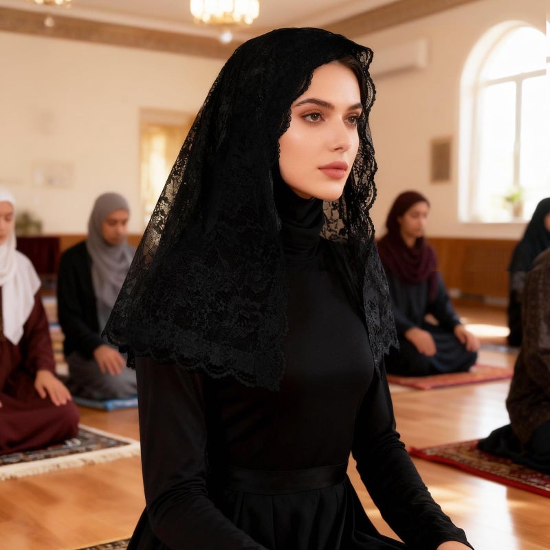 DOCILA Lace Head Covering Scarf For Women, D-Shaped Black Veil For Church Prayer Funeral Mourning, Hair Bandana Wrap Scarves - Image 2