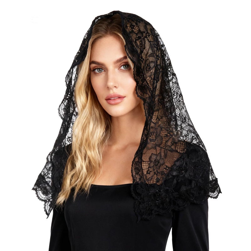 DOCILA Lace Head Covering Scarf For Women, D-Shaped Black Veil For Church Prayer Funeral Mourning, Hair Bandana Wrap Scarves - Image 1