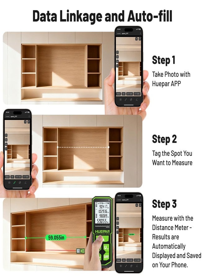 Huepar Laser Measuing Tool with Bluetooth APP, 200ft, ±1/16" High Accuracy, Huepar Rechargeable Green Beam Laser Distance Meter Multiple Measurement Modes, IP54 Durable for Home & Construction - Image 3