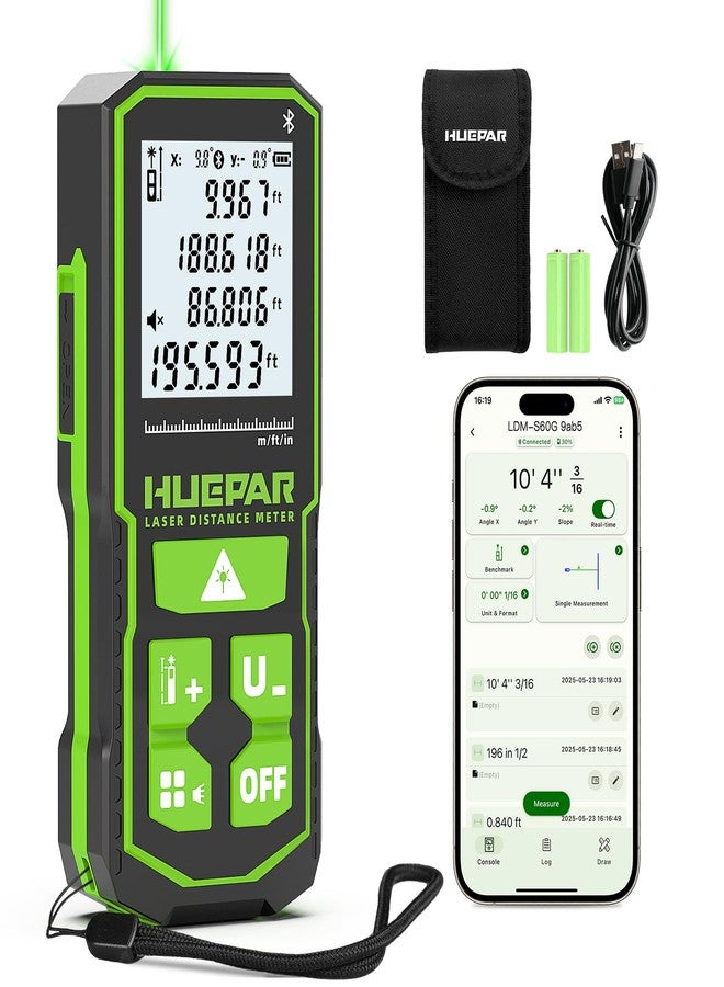 Huepar Laser Measuing Tool with Bluetooth APP, 200ft, ±1/16" High Accuracy, Huepar Rechargeable Green Beam Laser Distance Meter Multiple Measurement Modes, IP54 Durable for Home & Construction - Image 1