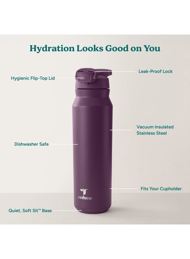Reduce 32 oz Hydrate Pro Stainless Steel Insulated Water Bottle - Flip Top Leak-Proof Lid,Dishwasher Safe, BPA-Free, Dual Wall Vacuum, Keeps Drinks Cold for 48 Hrs, Cup Holder Friendly - Midnight Plum - Image 3