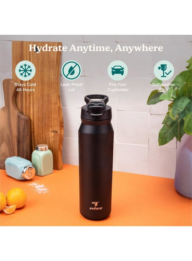 Reduce 32 oz Hydrate Pro Stainless Steel Insulated Water Bottle - Flip Top Leak-Proof Lid,Dishwasher Safe, BPA-Free, Dual Wall Vacuum, Keeps Drinks Cold for 48 Hrs, Cup Holder Friendly - Midnight Plum - Image 2