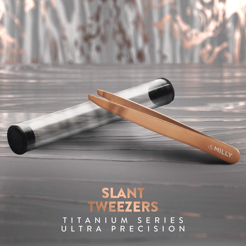 By MILLY German Steel Professional Slanted Tweezers - Hammer Forged 100% Stainless Steel - Hand-Filed and Aligned Slant Tips for Precision - Rose Gold - Image 3