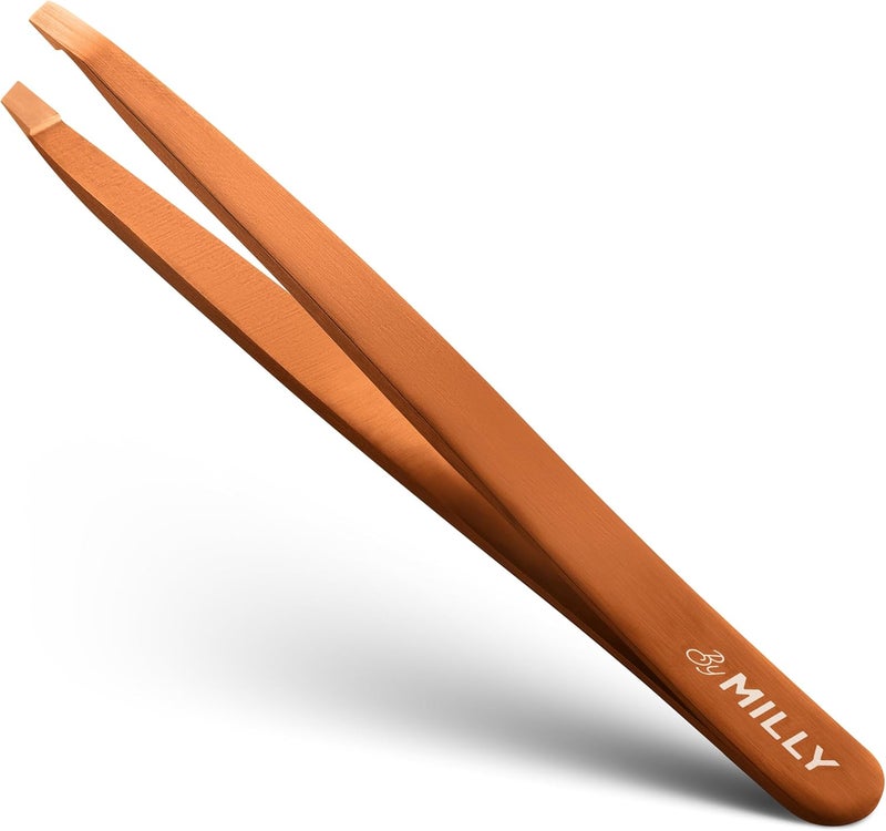By MILLY German Steel Professional Slanted Tweezers - Hammer Forged 100% Stainless Steel - Hand-Filed and Aligned Slant Tips for Precision - Rose Gold - Image 1