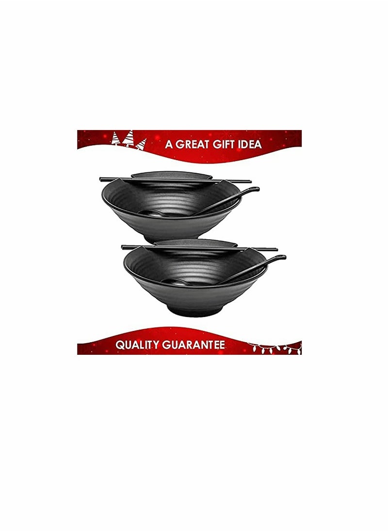 KASTWAVE - 2 Sets of Ramen Bowl (Black Melamine),6pcs,37oz Soup Bowls with Chopsticks and Spoons Set for Ramen,Pho,Noodles,Asian Dishes - Image 1