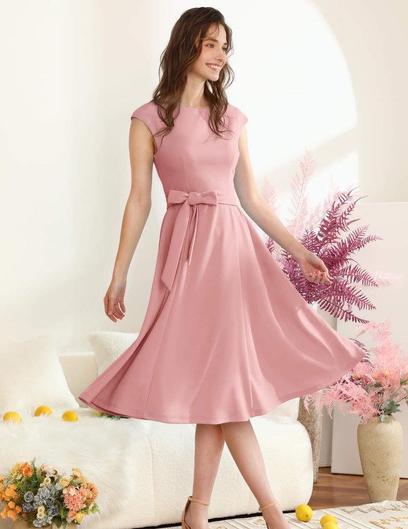 DRESSTELLS Cocktail Womens Dresses for Wedding Guest Semi Formal Spring Easter Summer Vintage Tea Party Modest Church Midi Dress Pastel Blush Pink L - Image 3