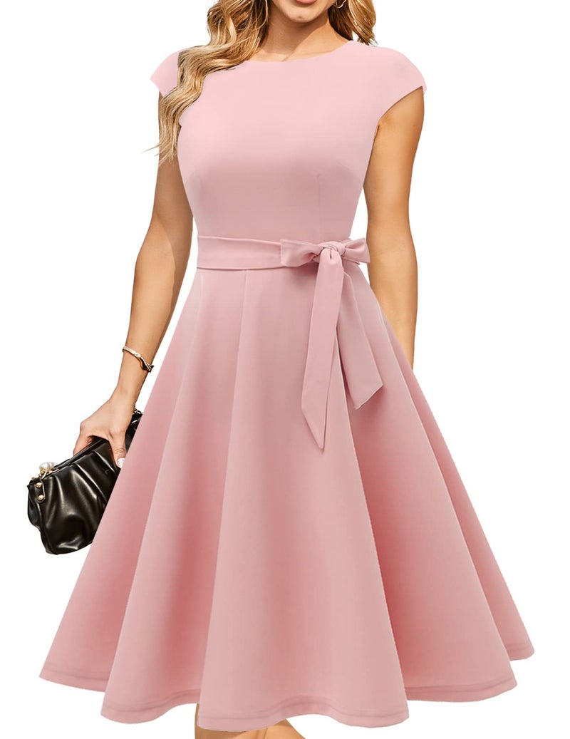DRESSTELLS Cocktail Womens Dresses for Wedding Guest Semi Formal Spring Easter Summer Vintage Tea Party Modest Church Midi Dress Pastel Blush Pink L - Image 1