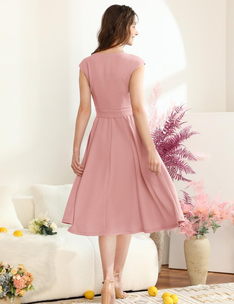DRESSTELLS Cocktail Womens Dresses for Wedding Guest Semi Formal Spring Easter Summer Vintage Tea Party Modest Church Midi Dress Pastel Blush Pink L - Image 4