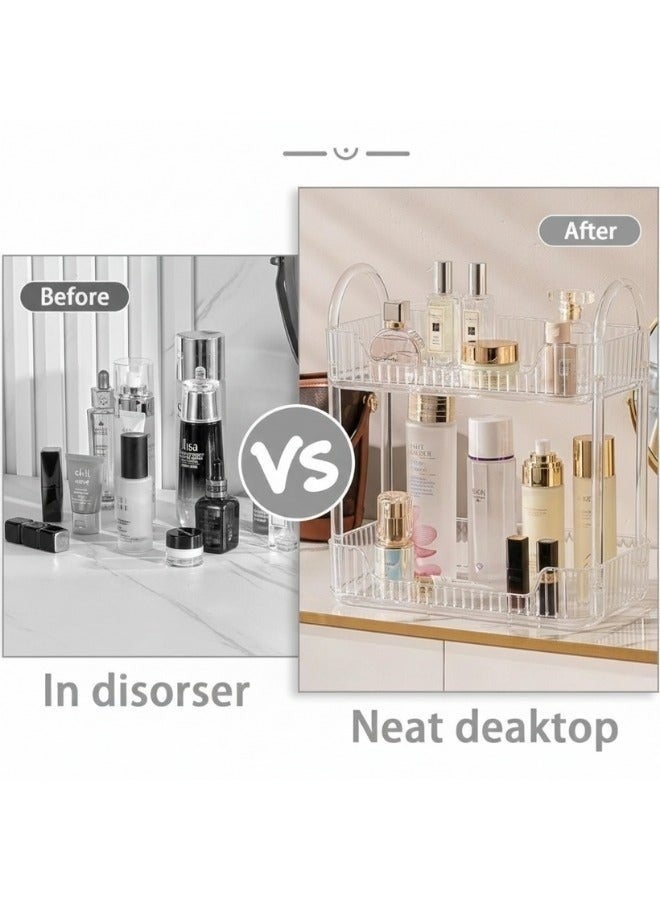 رفوف تخزين اكليريك مستحضرات التجميل والعناية بالبشرة (2 دور) بتصميم شفاف موفر للمكان - منظم مكتب وتسريحة متعدد الأغراض للبرطمانات وزجاجات العطر - سهل التركيب مقاس 30 × 17 سم - قطعة ديكور عملية للمنزل - Image 4