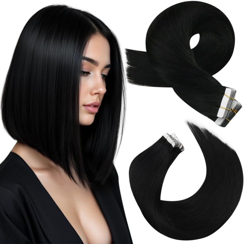 Moresoo Tape in Hair Extensions Black Real Human Hair 20Pcs Tape in Extensions 12 Inch Short Hair Extensions Glue in Real Human Hair 30G Fashion Straight Hair Color 1