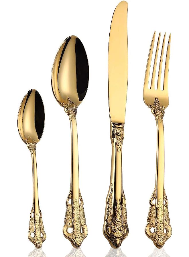 S-TOP Palace Cutlery Set Vintage Gold Flatware Silverware Set, Heavy Duty Stainless Steel Court Utensils High Grade Tableware Knife FoSpoon Coffee Spoon (Gold 4PC) - Image 1